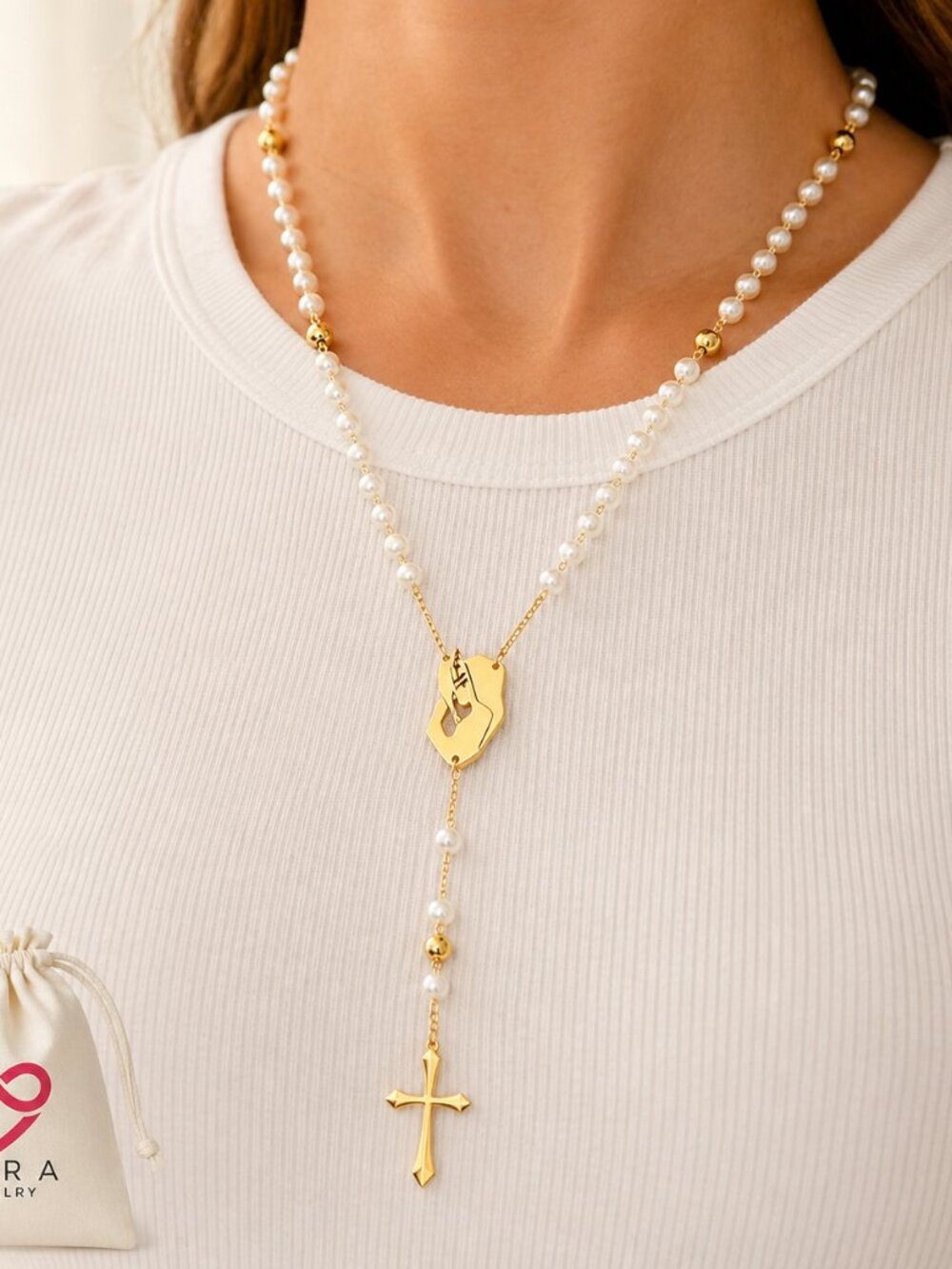 Pearl Rosary Necklace Gold Cross Catholic Gift
